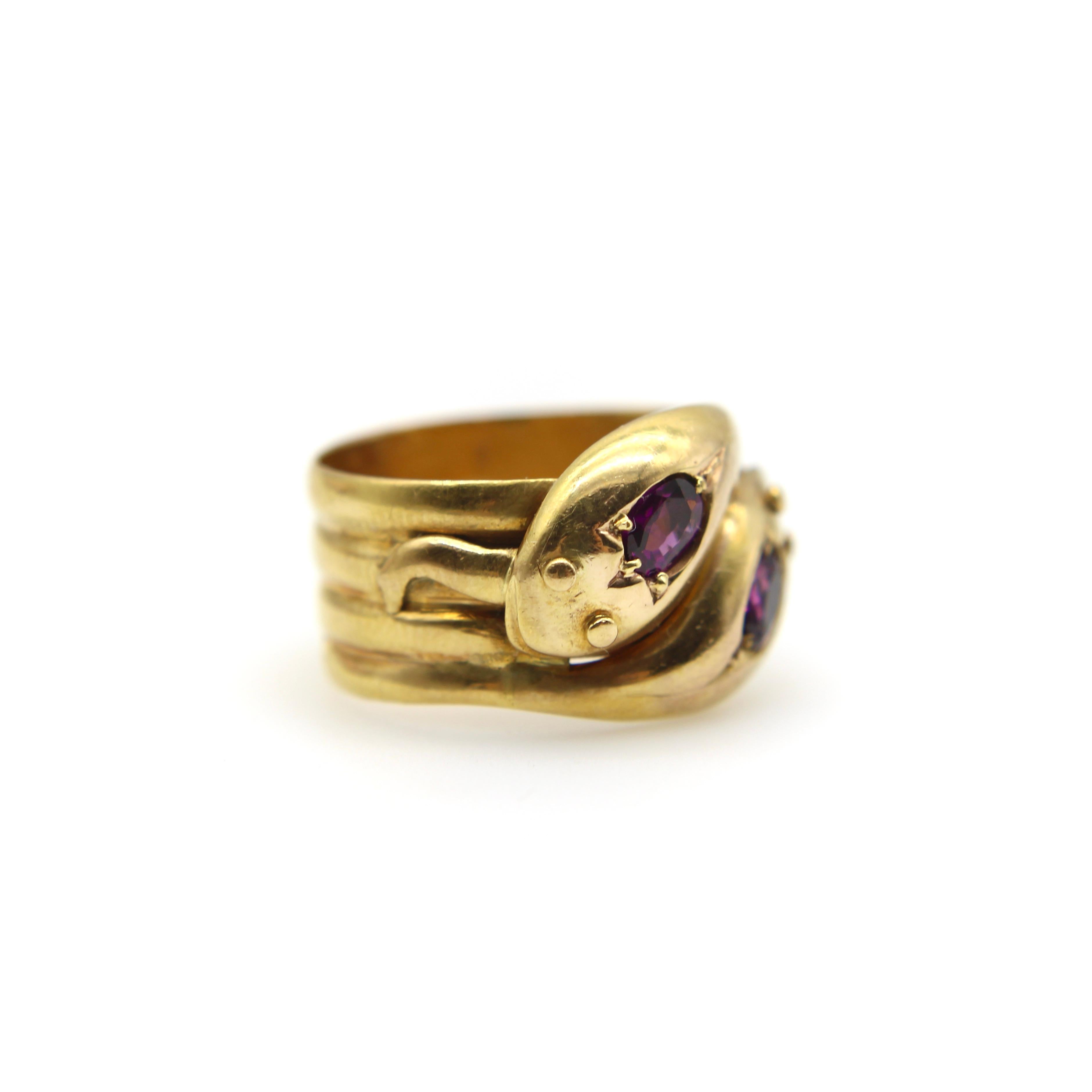 Oval Cut 9K Gold Edwardian Snake Ring with Rhodolite Garnets  For Sale