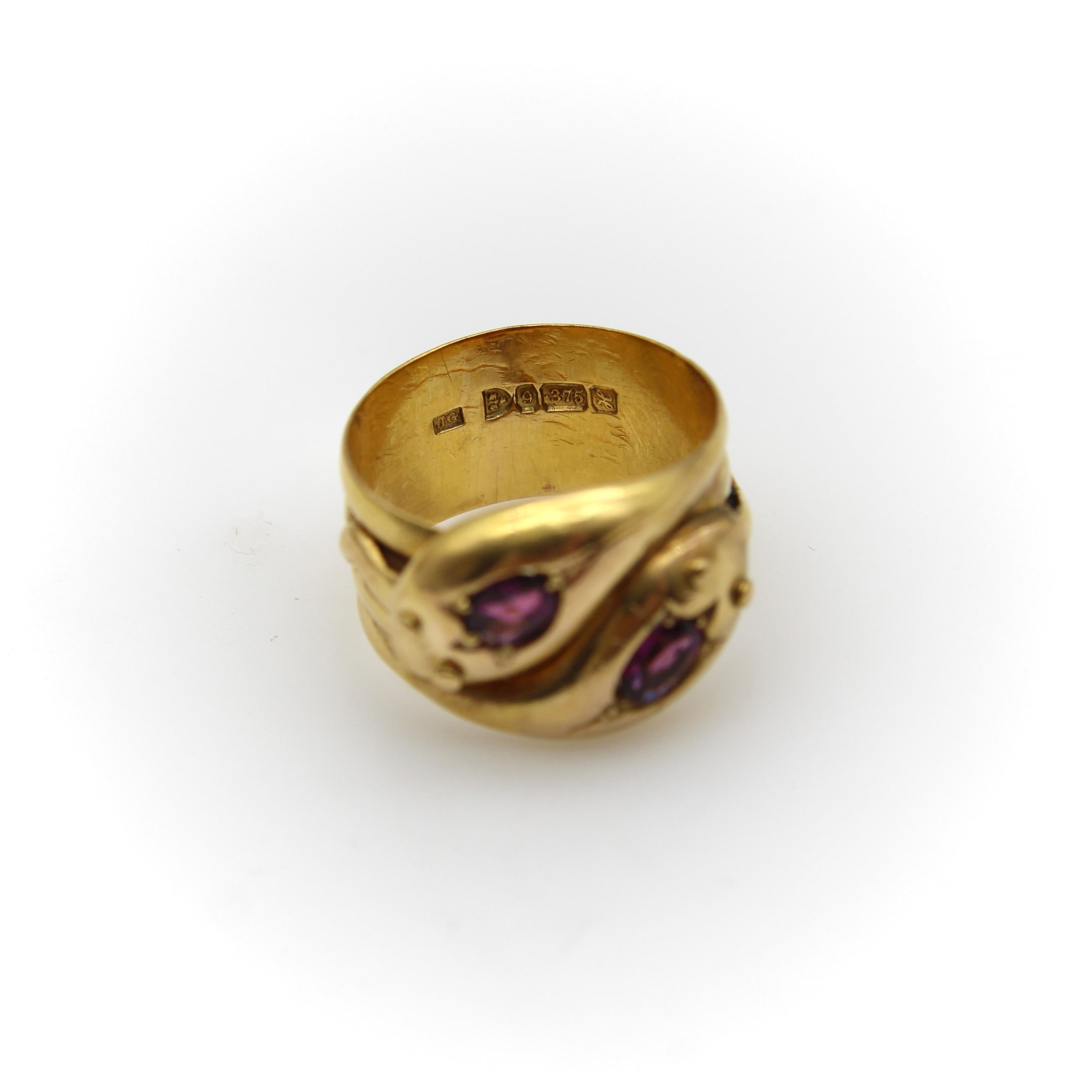 9K Gold Edwardian Snake Ring with Rhodolite Garnets  For Sale 1