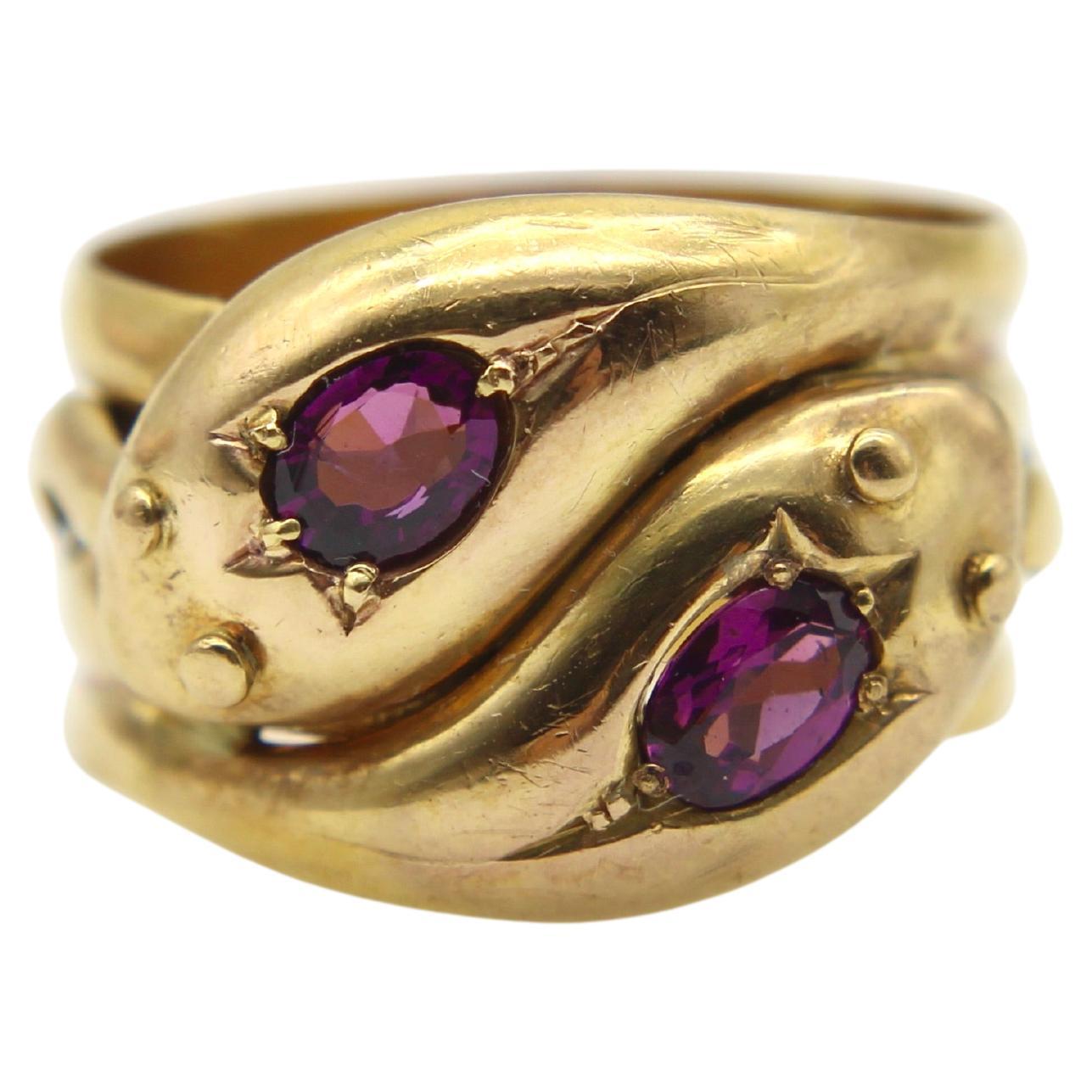 9K Gold Edwardian Snake Ring with Rhodolite Garnets 