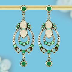 9K Gold Emerald Opal Pearl and Diamond Vintage Style Floral Earrings