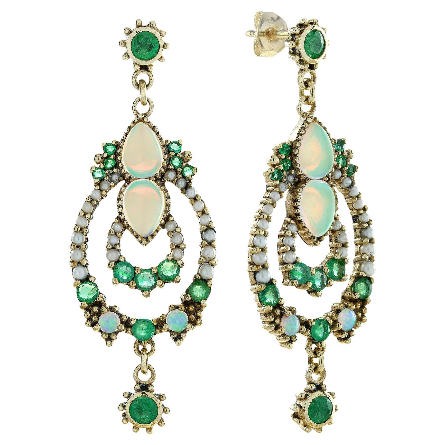 Orecchini floreali in oro 9K con smeraldo, opale, perle e diamanti in stile vintage