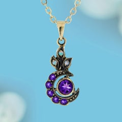 9K Gold Natural Amethyst and Opal and Diamond Crescent Moon Pendant