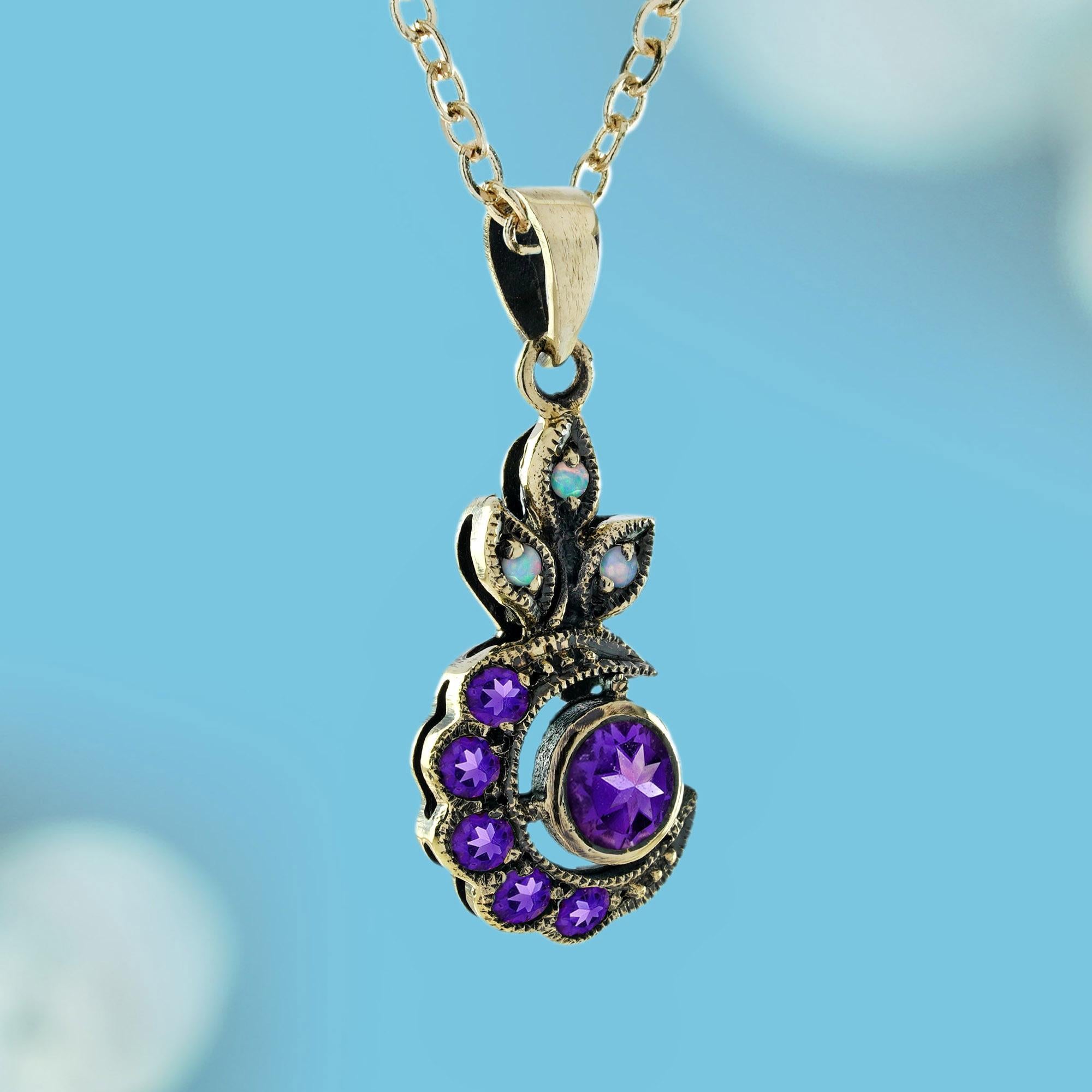 Edwardian 9K Gold Natural Amethyst and Opal and Diamond Crescent Moon Pendant For Sale