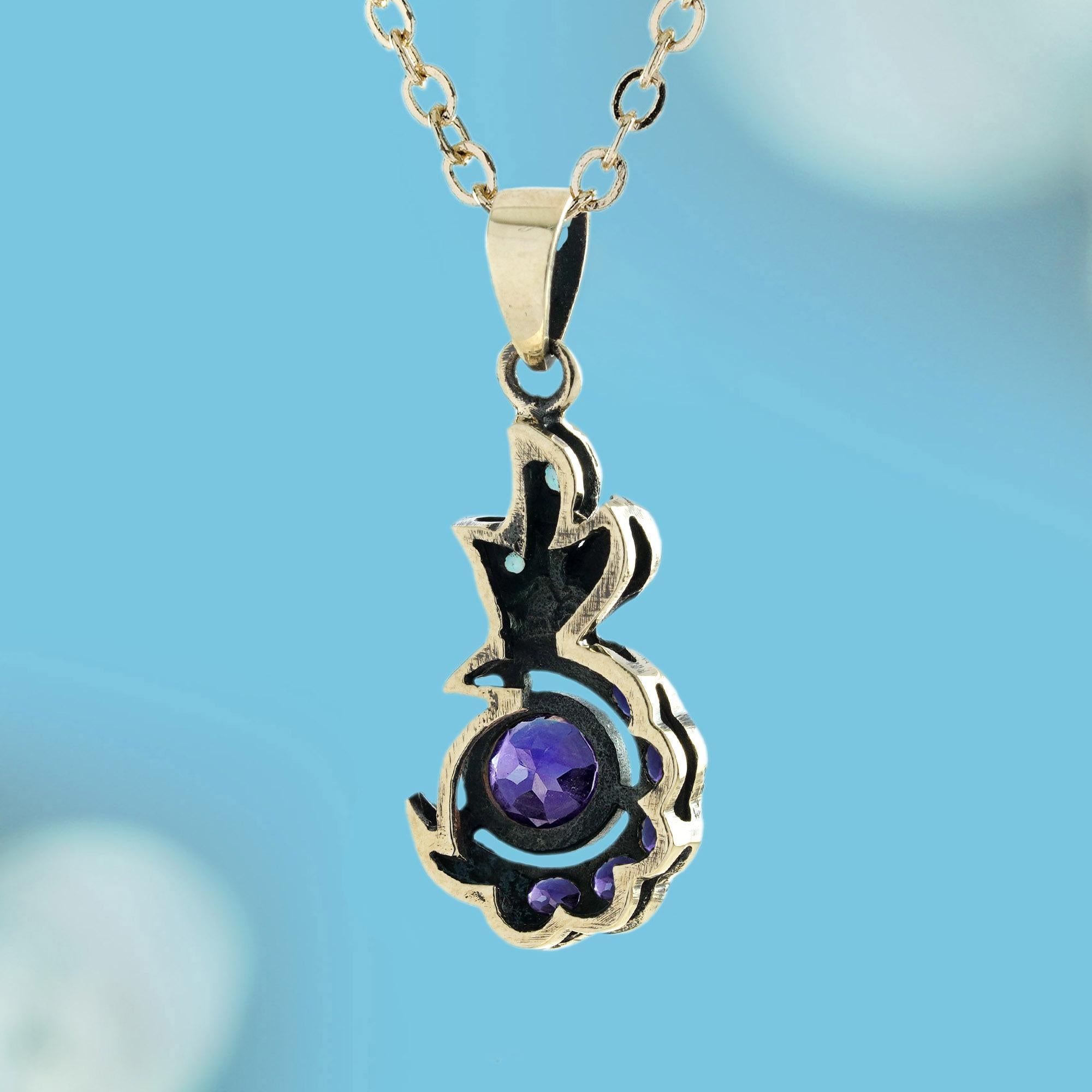 Round Cut 9K Gold Natural Amethyst and Opal and Diamond Crescent Moon Pendant For Sale