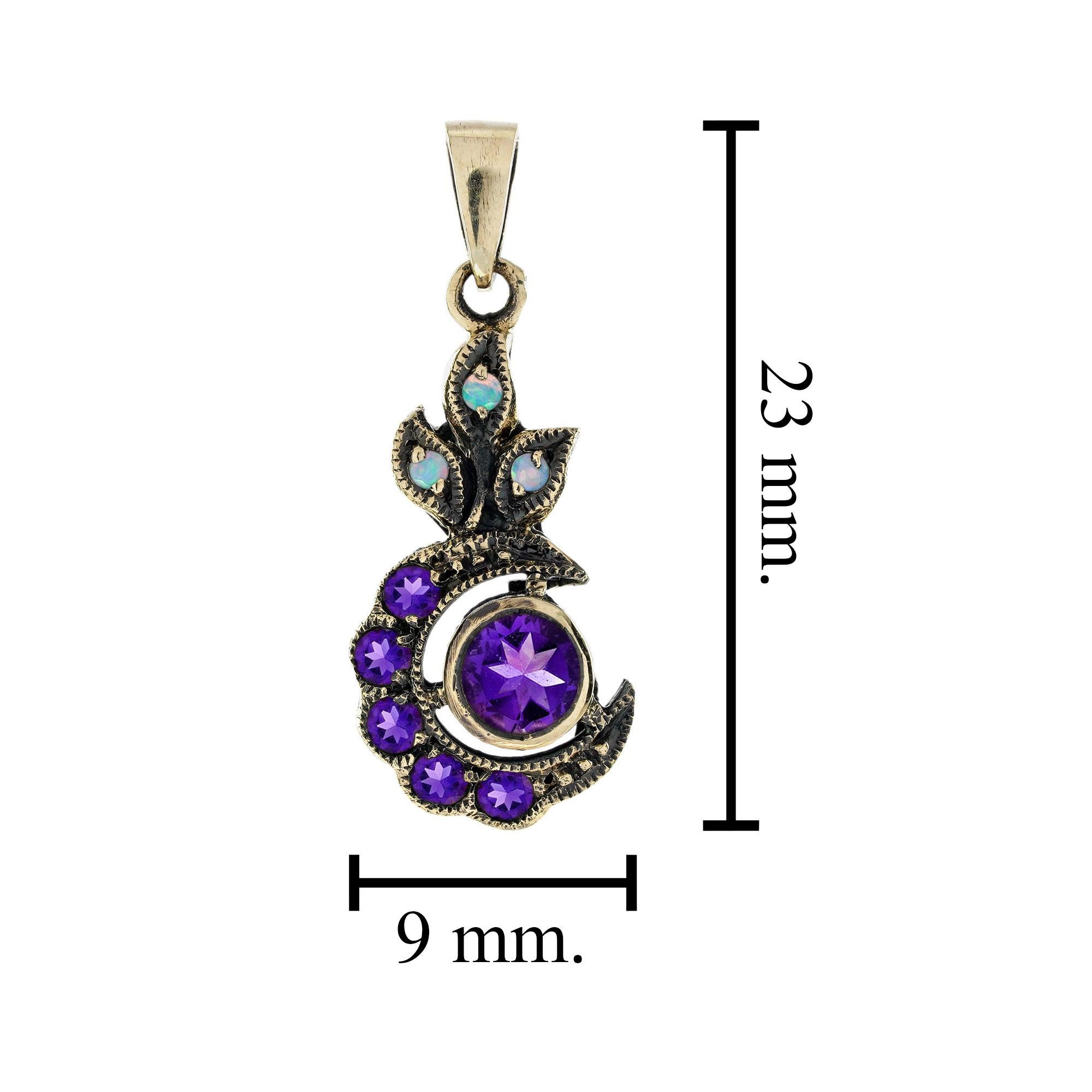 9K Gold Natural Amethyst and Opal and Diamond Crescent Moon Pendant In New Condition For Sale In Bangkok, TH