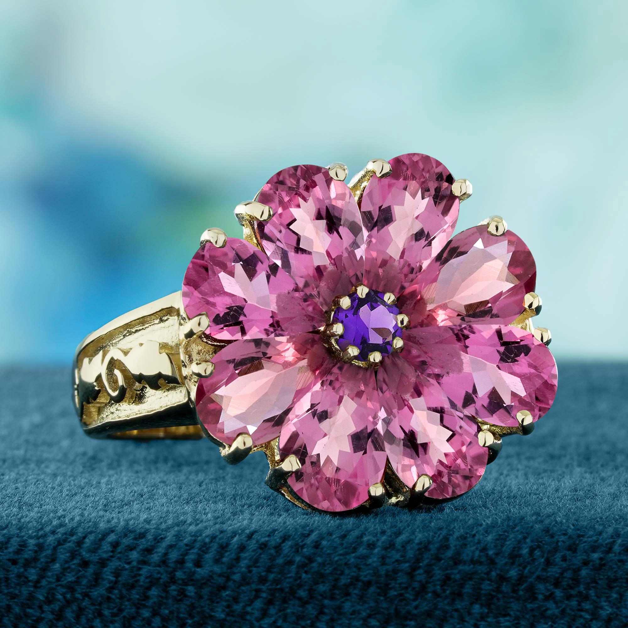 Édouardien Bague en or 9K, améthyste naturelle et tourmaline rose, style vintage, avec fleur en grappe en vente