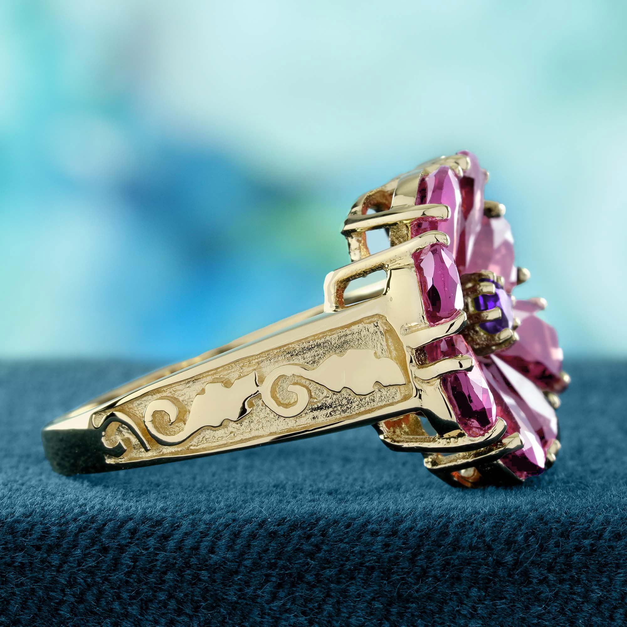 Taille ronde Bague en or 9K, améthyste naturelle et tourmaline rose, style vintage, avec fleur en grappe en vente