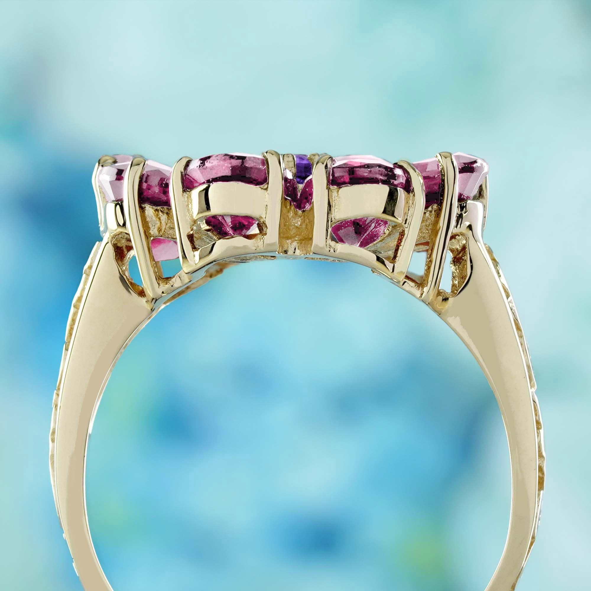 Bague en or 9K, améthyste naturelle et tourmaline rose, style vintage, avec fleur en grappe Neuf - En vente à Bangkok, TH
