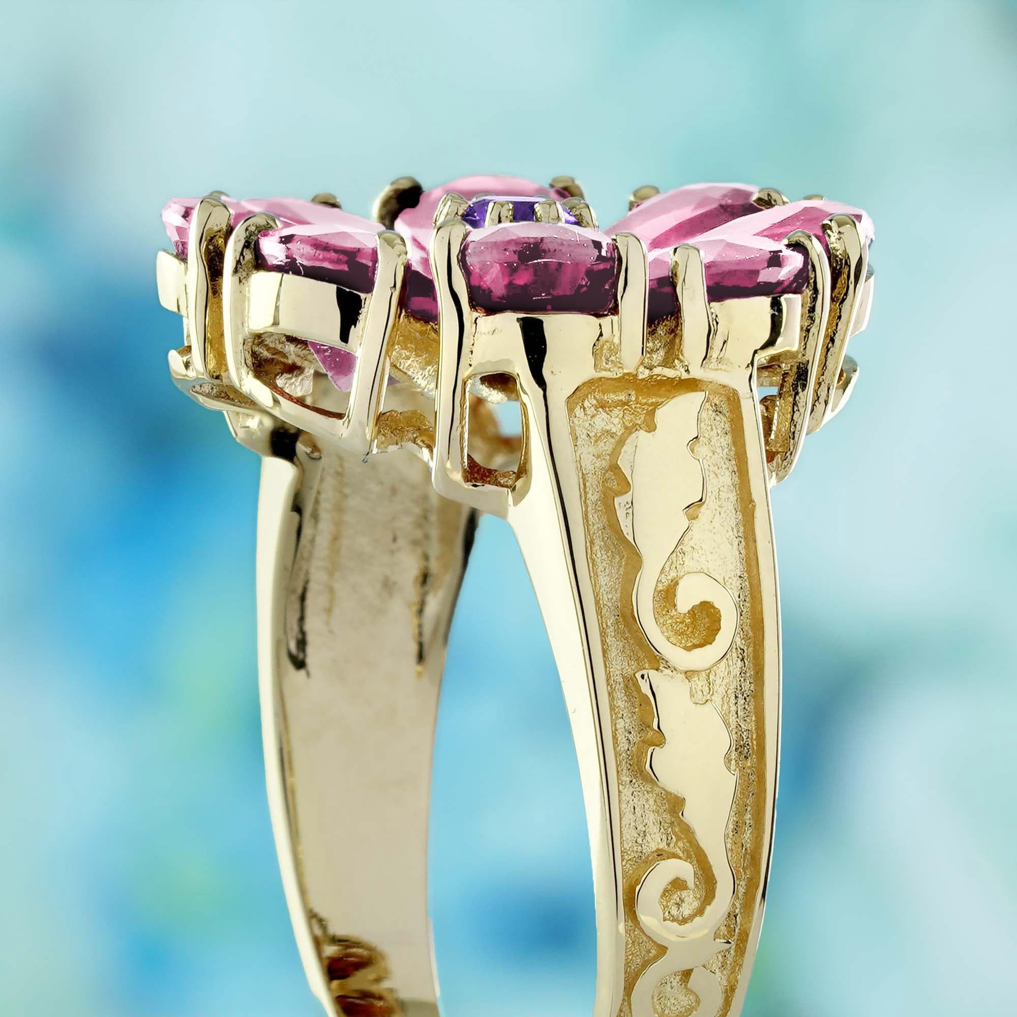 Bague en or 9K, améthyste naturelle et tourmaline rose, style vintage, avec fleur en grappe Pour femmes en vente
