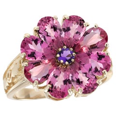 9K Gold Natural Amethyst and Pink Tourmaline Vintage Style Flower Cluster Ring