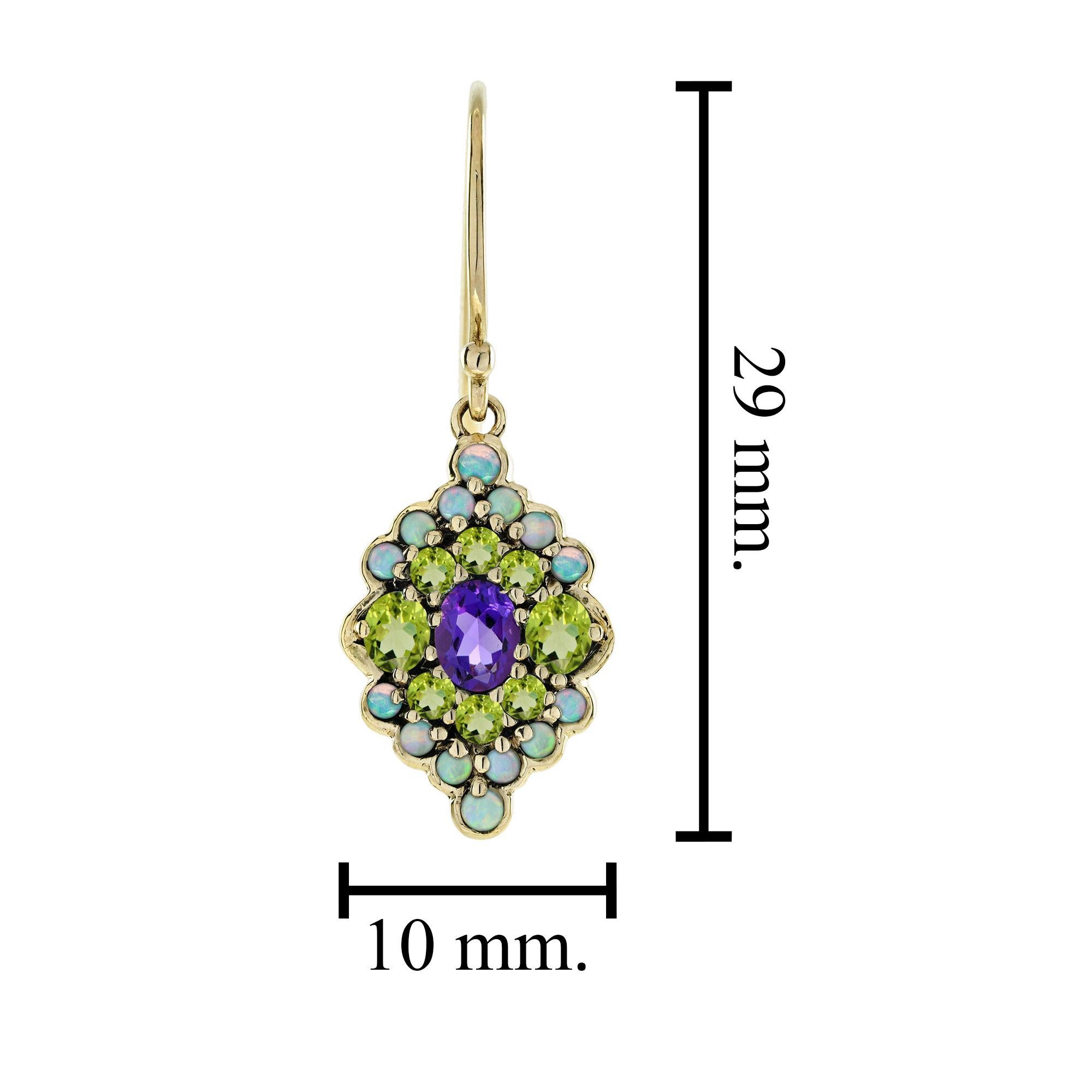 9K Gold Natürliche Amethyst Peridot und Opal Vintage Style Tropfen Ohrringe im Zustand „Neu“ im Angebot in Bangkok, TH