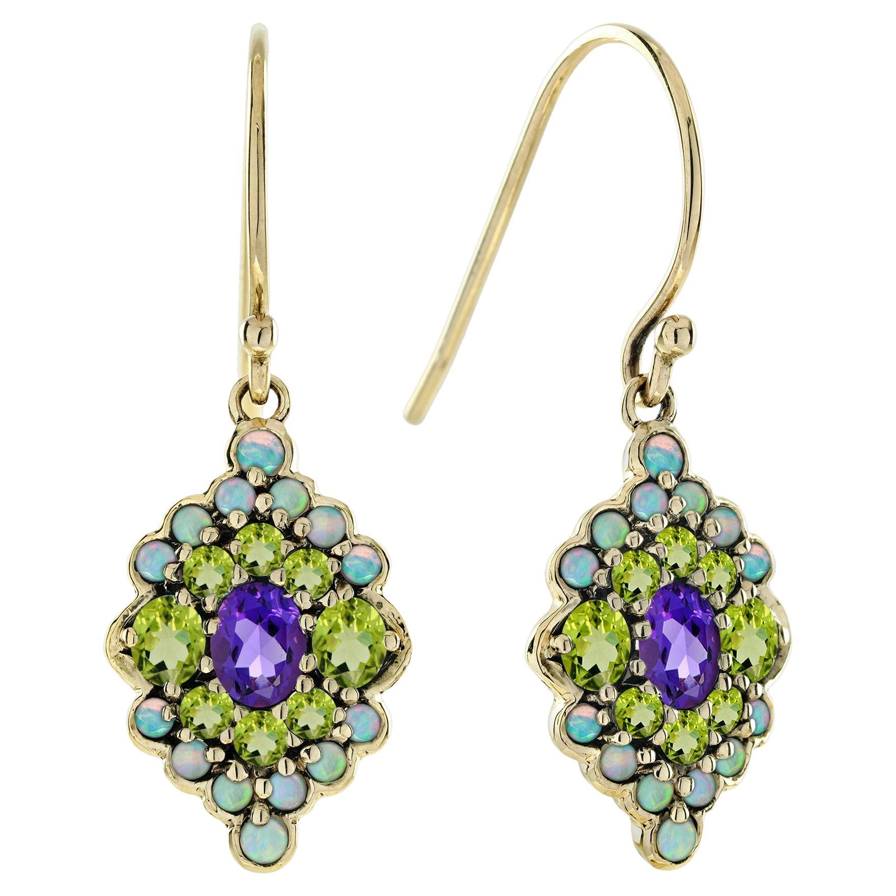 9K Gold Natürliche Amethyst Peridot und Opal Vintage Style Tropfen Ohrringe im Angebot