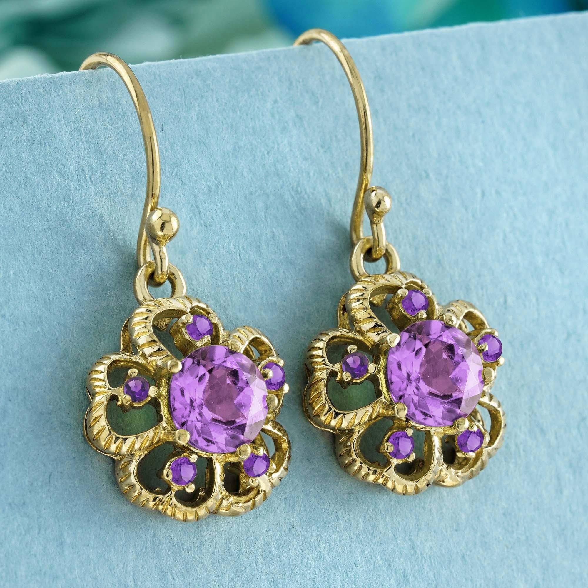 9K Gold Natürlicher Amethyst Vintage Style Floral Tropfen Ohrringe (Edwardian) im Angebot
