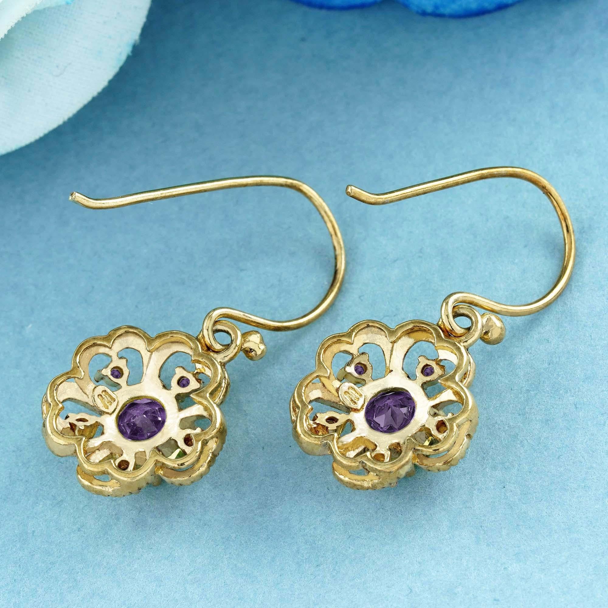 9K Gold Natürlicher Amethyst Vintage Style Floral Tropfen Ohrringe (Rundschliff) im Angebot
