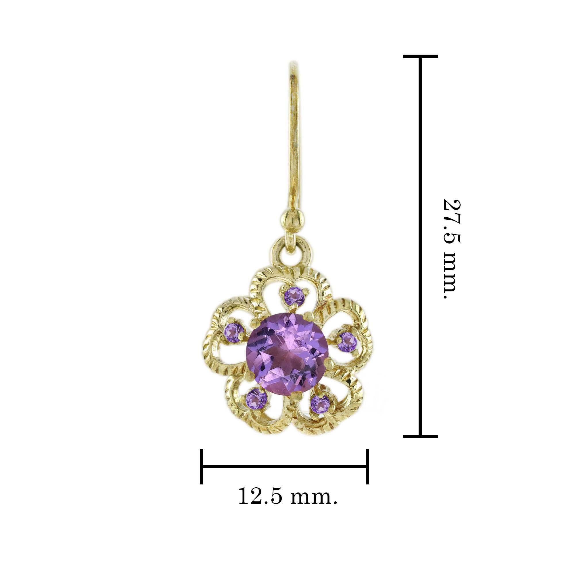 9K Gold Natürlicher Amethyst Vintage Style Floral Tropfen Ohrringe im Zustand „Neu“ im Angebot in Bangkok, TH