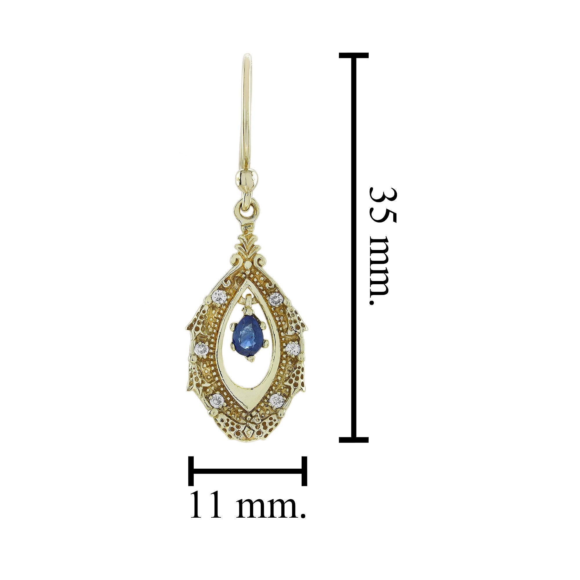 9K Gold natürlicher blauer Saphir und Diamant Vintage Style Ohrringe baumeln im Zustand „Neu“ im Angebot in Bangkok, TH