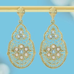 9K Gold Natural Blue Topaz and Pearl Vintage Style Filigree Dangle Earring