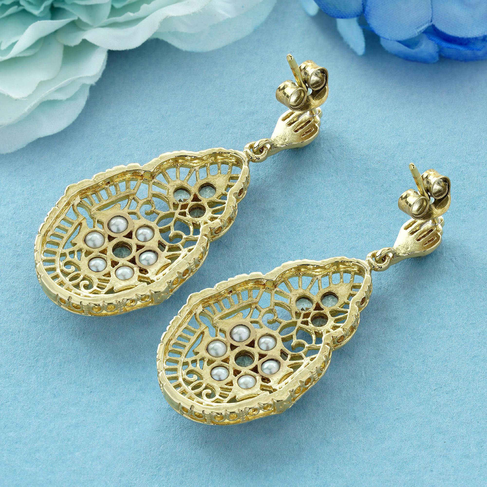 9K Gold natürlichen blauen Topas und Perle Vintage Style filigranen Ohrring baumeln (Rundschliff) im Angebot