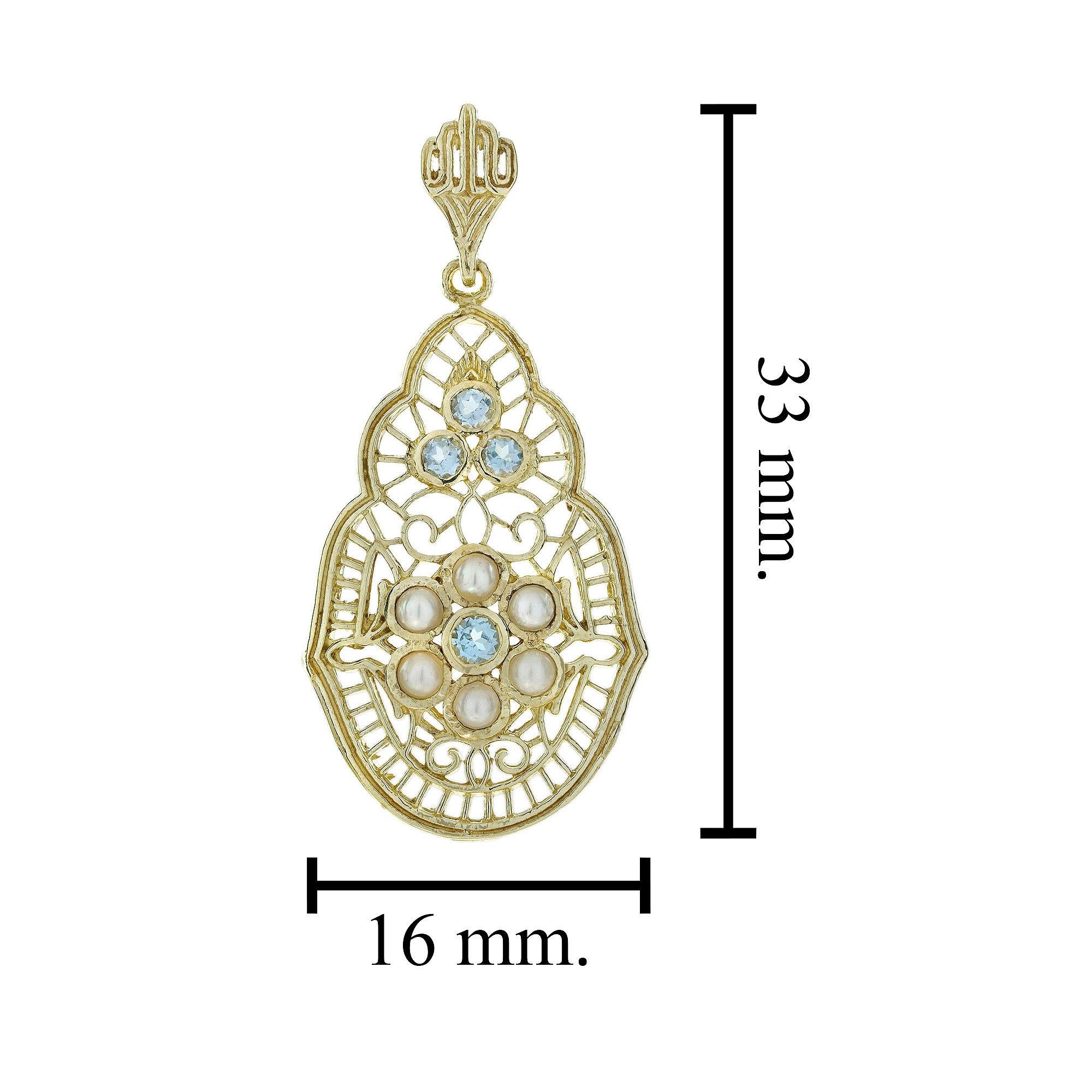 Pendiente colgante de filigrana estilo vintage de oro de 9 quilates con topacio azul natural y perla en Nuevo estado para la venta en Bangkok, TH