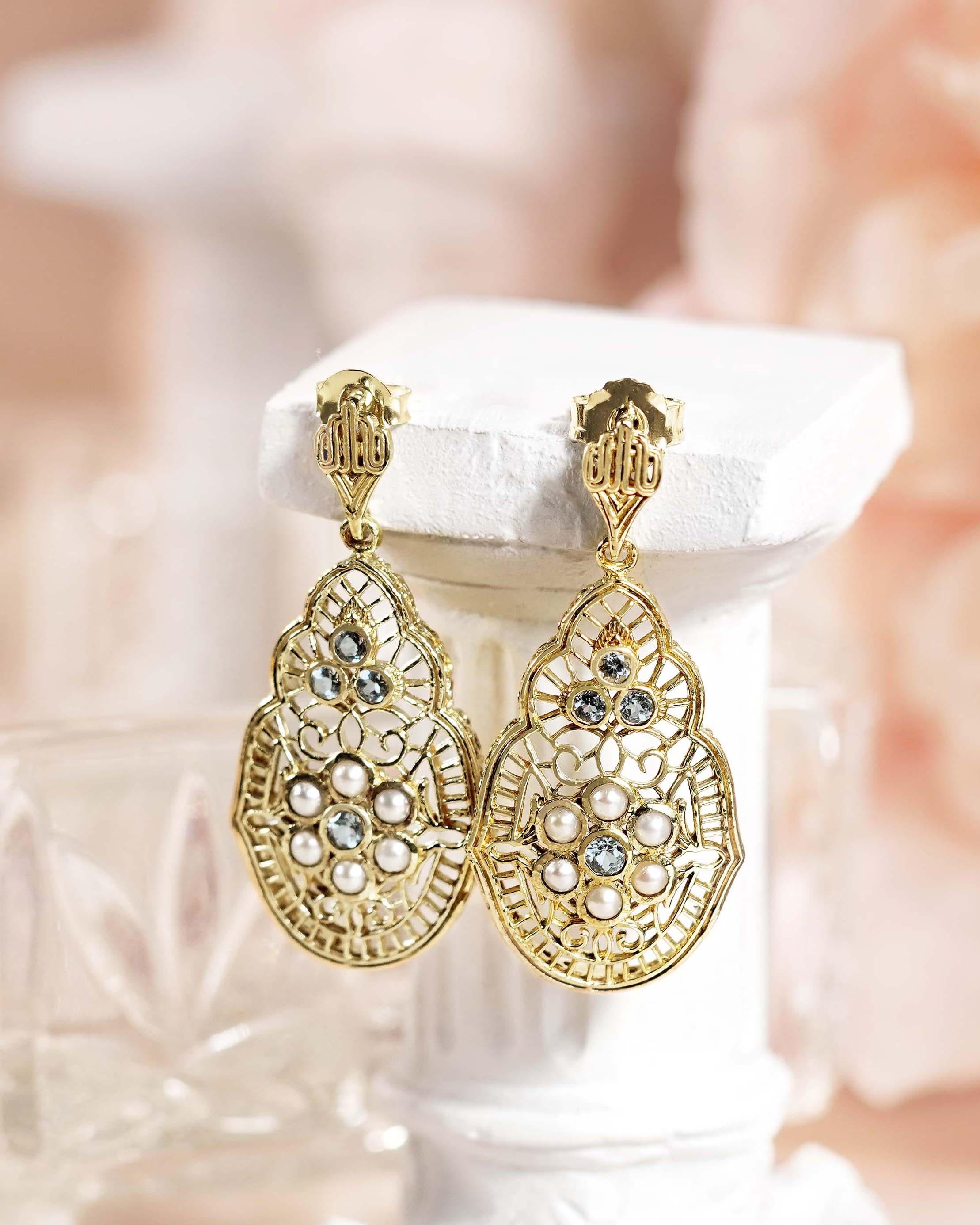 9K Gold natürlichen blauen Topas und Perle Vintage Style filigranen Ohrring baumeln Damen im Angebot