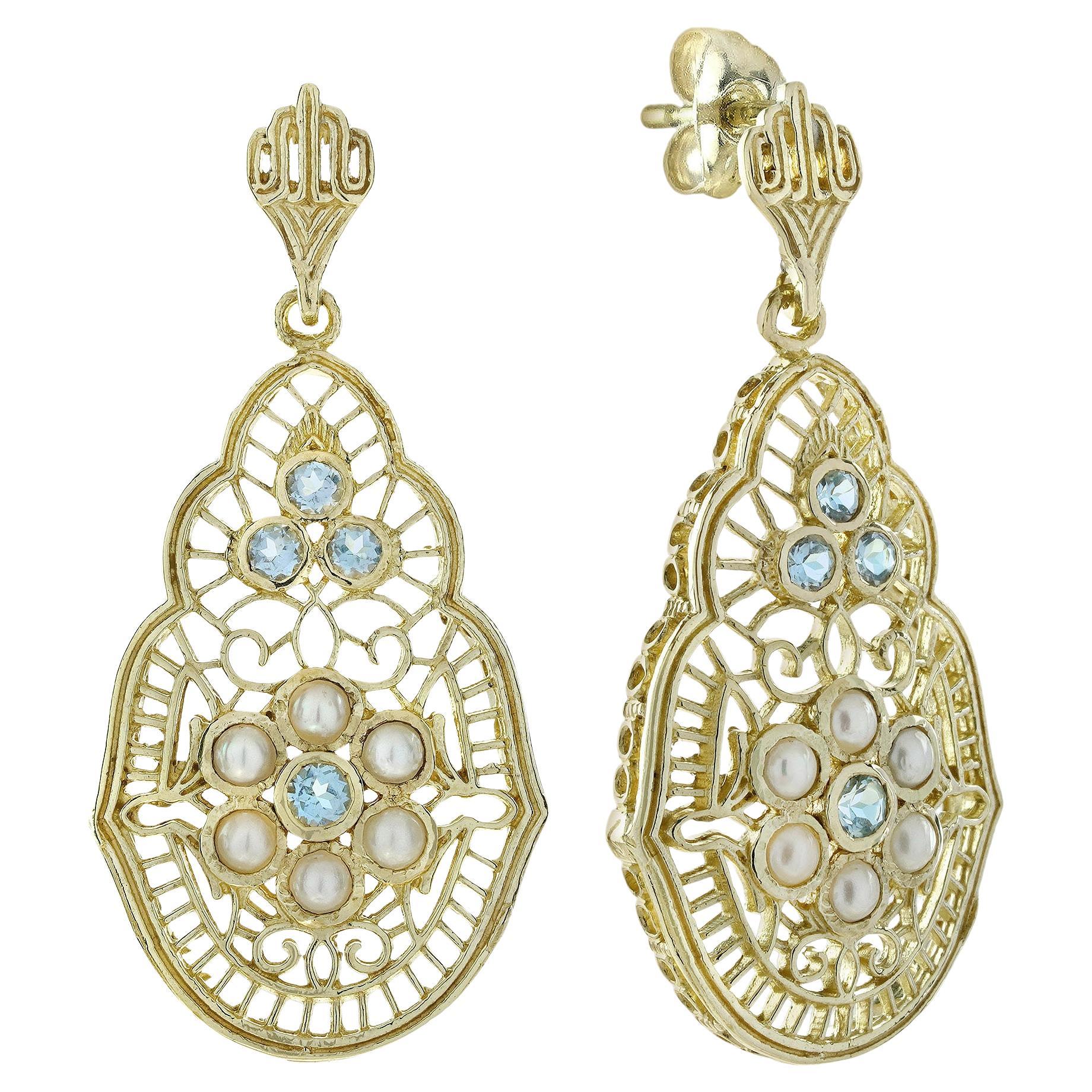 Pendiente colgante de filigrana estilo vintage de oro de 9 quilates con topacio azul natural y perla