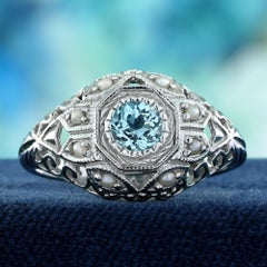 9K Gold Natural Blue Topaz and Pearl Vintage Style Filigree  Dome Ring