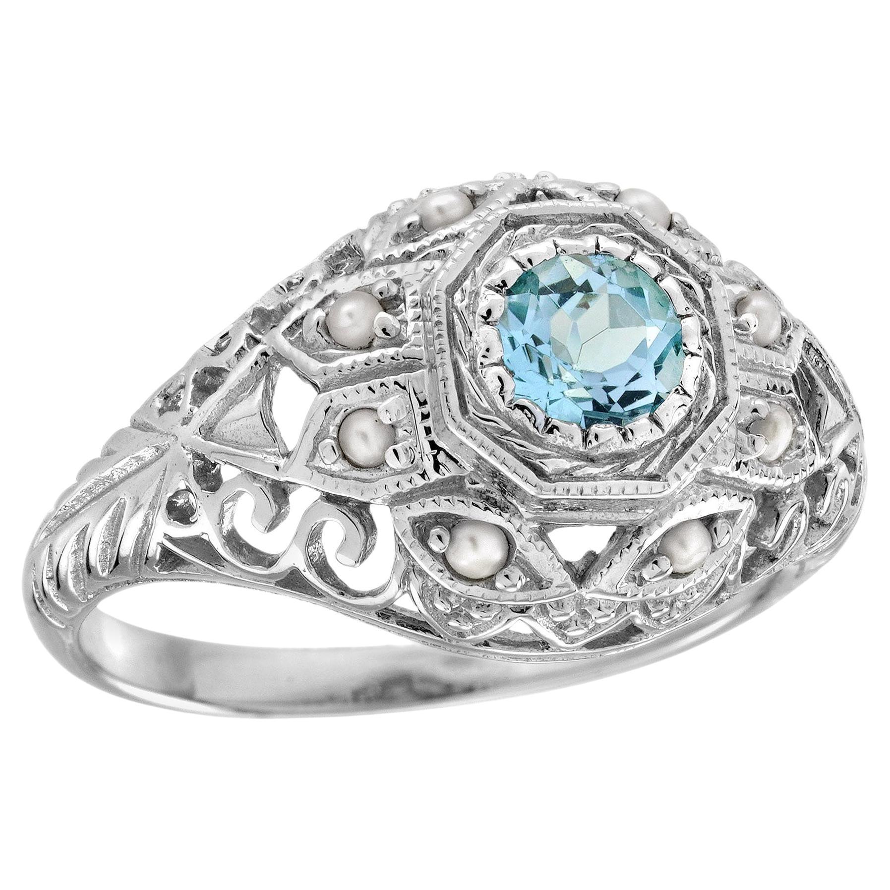 9K Gold Natürlicher Blautopas und Perle Vintage Style Filigran  Dome Ring im Angebot