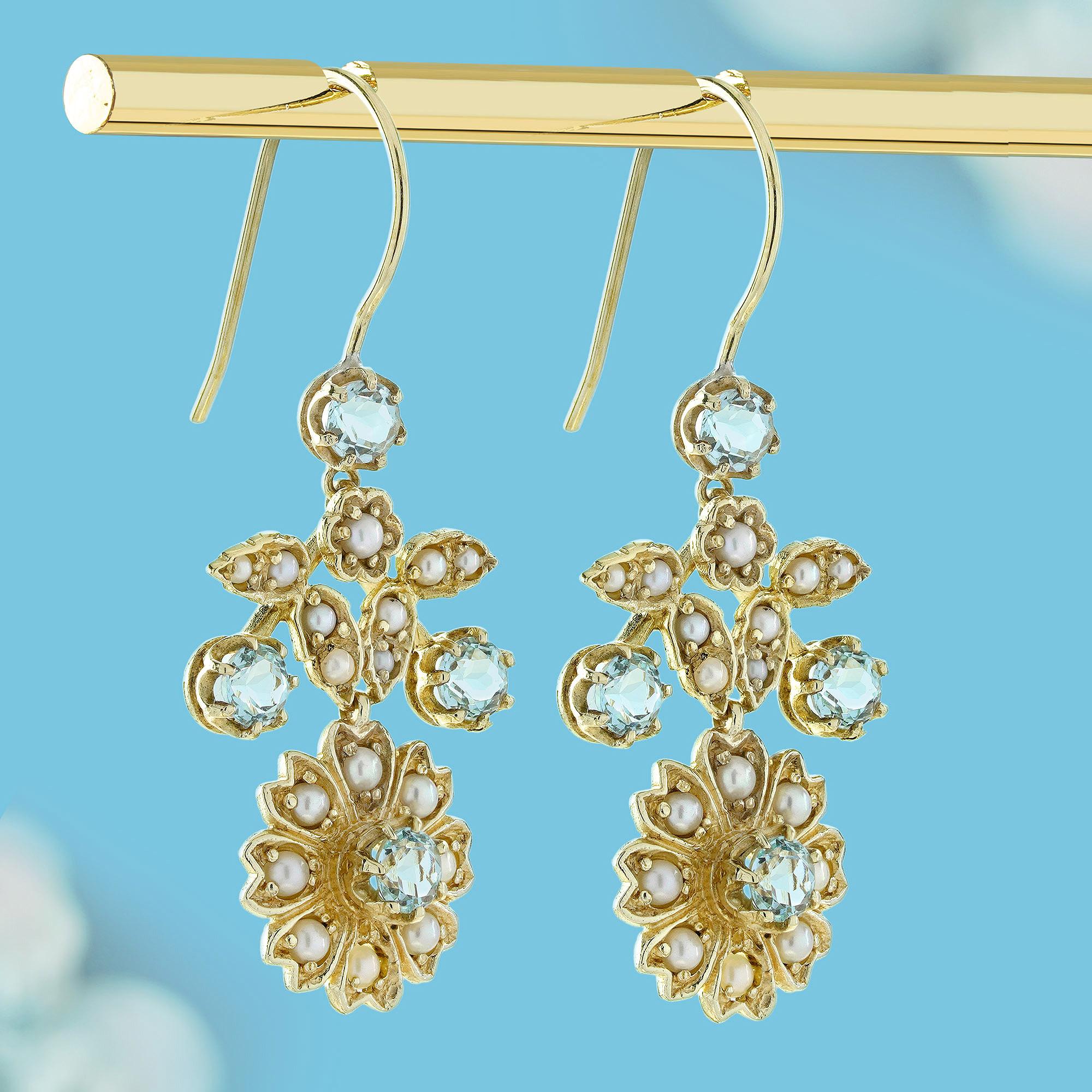 9K Gold Natürlicher Blautopas und Perle Vintage Style Floral Cluster Drop Ohrringe (Edwardian) im Angebot