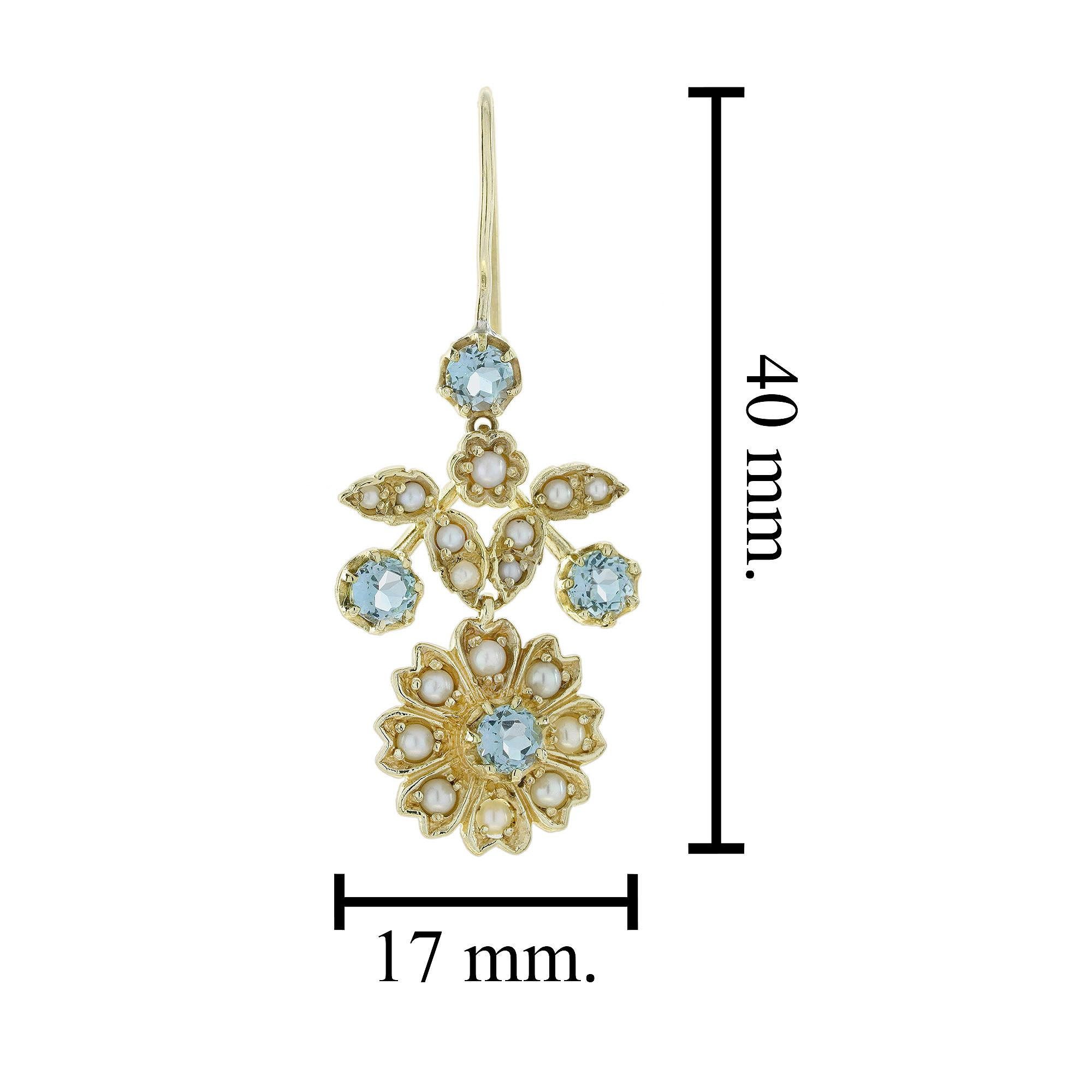 9K Gold Natürlicher Blautopas und Perle Vintage Style Floral Cluster Drop Ohrringe im Zustand „Neu“ im Angebot in Bangkok, TH