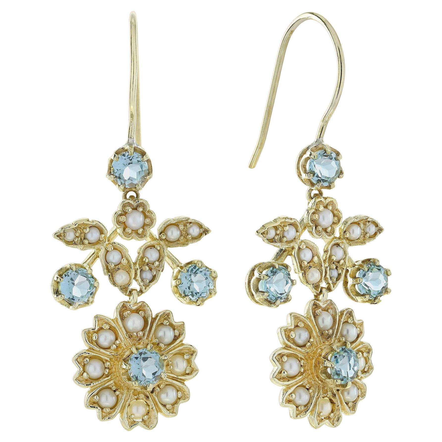 9K Gold Natürlicher Blautopas und Perle Vintage Style Floral Cluster Drop Ohrringe
