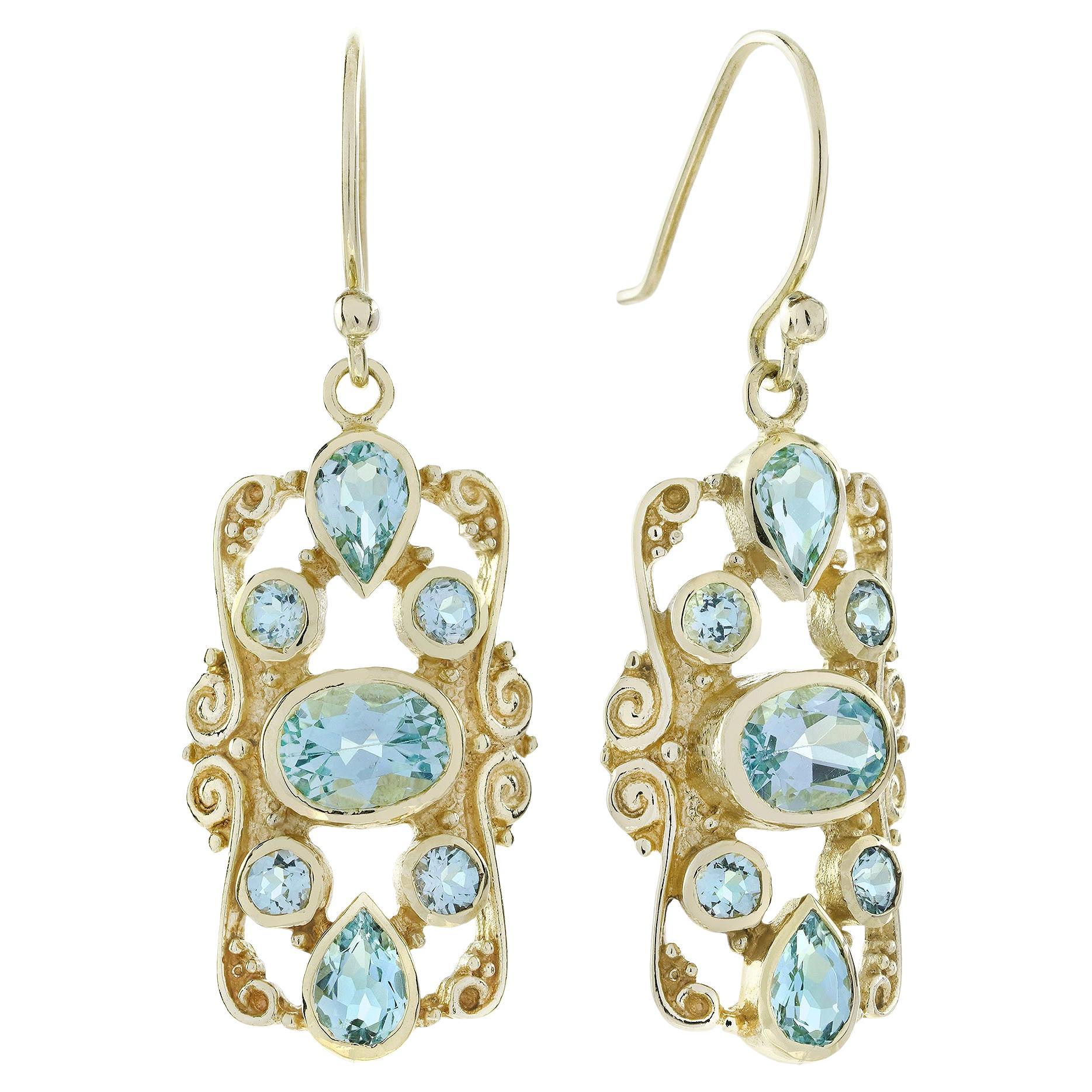 Orecchini a goccia in stile vittoriano in oro 9K con topazio blu naturale