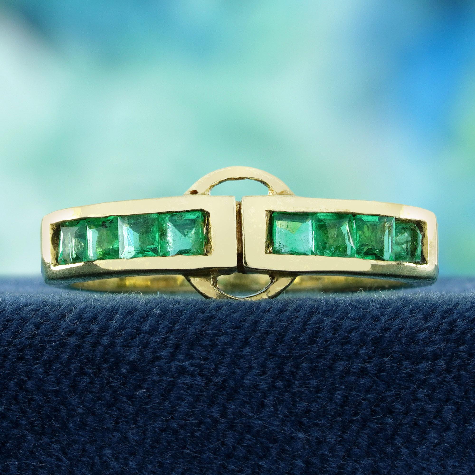 The beauty of classic design with a refined touch. Stunning square shape emeralds take center stage, glowing with vibrant  green brilliance that symbolizes renewal and elegance. The setting features delicate antique-inspired details, making it a