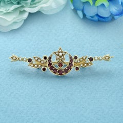 9K Gold Natural Garnet and Pearl Vintage Style  Star Courting the Moon Brooch