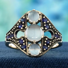 9K Gold Natural Moon stone and Blue Sapphire Vintage  Style Three Stone Ring