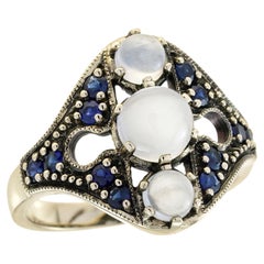 Oro 9K Pietra di luna naturale e zaffiro blu Vintage  Anello con tre pietre in stile A. Stone