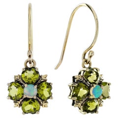 9K Gold Natural Opal and Peridot Vintage Style Drop Earrings