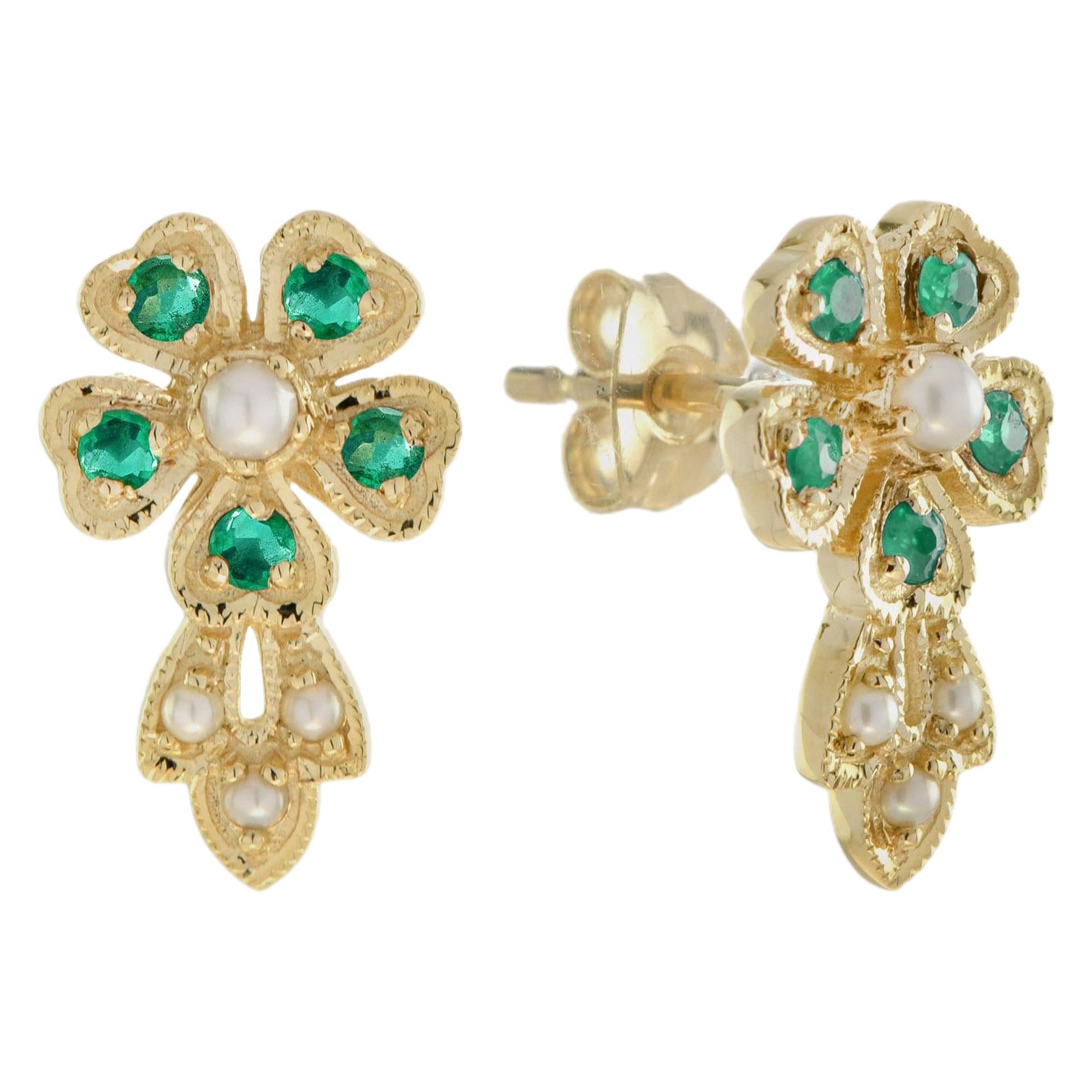 Boucles d'oreilles florales en or 9K avec perles naturelles et émeraudes, style vintage