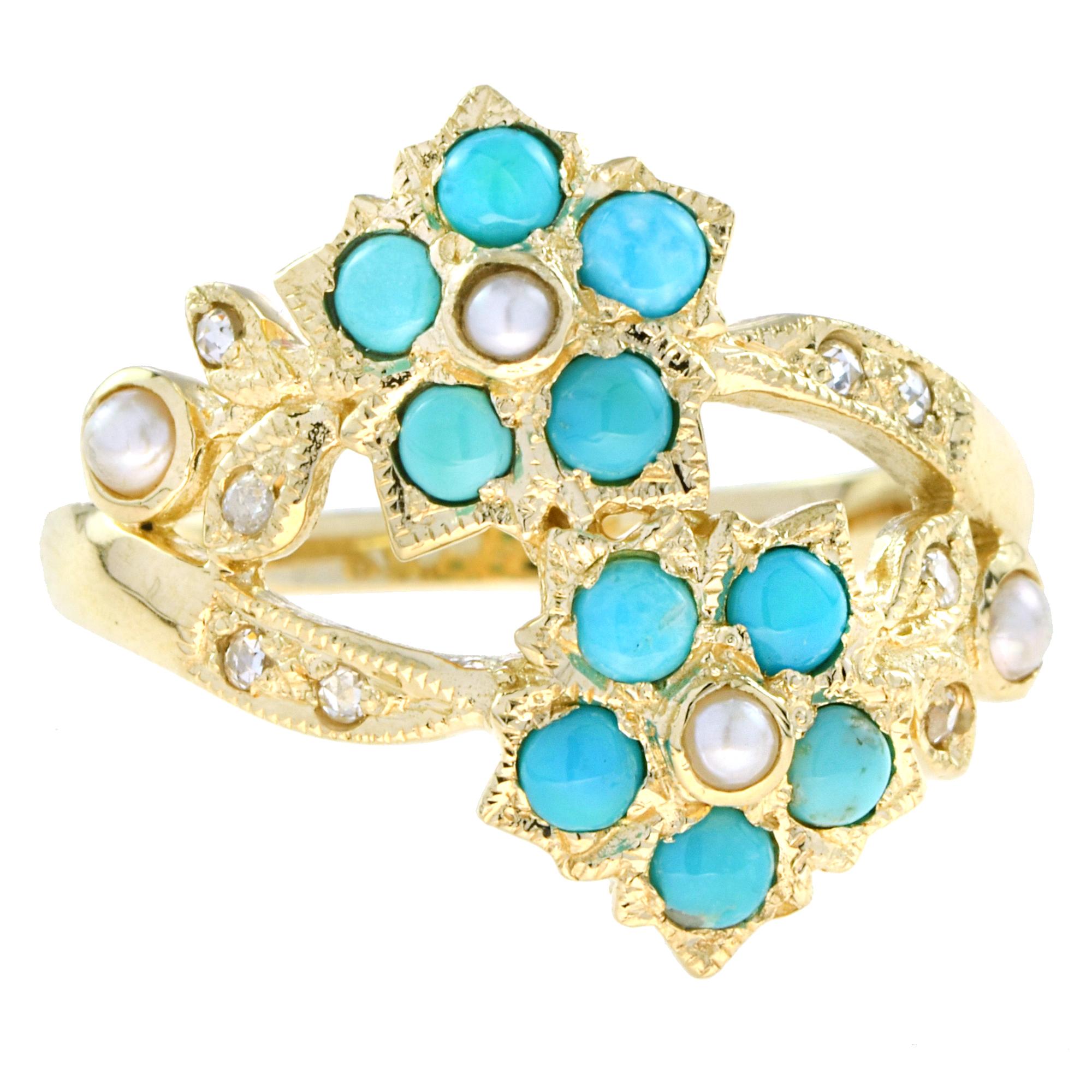 Edwardian 9K Gold Natural Pearl Turquoise and Diamond Vintage Style Floral Cluster Ring For Sale