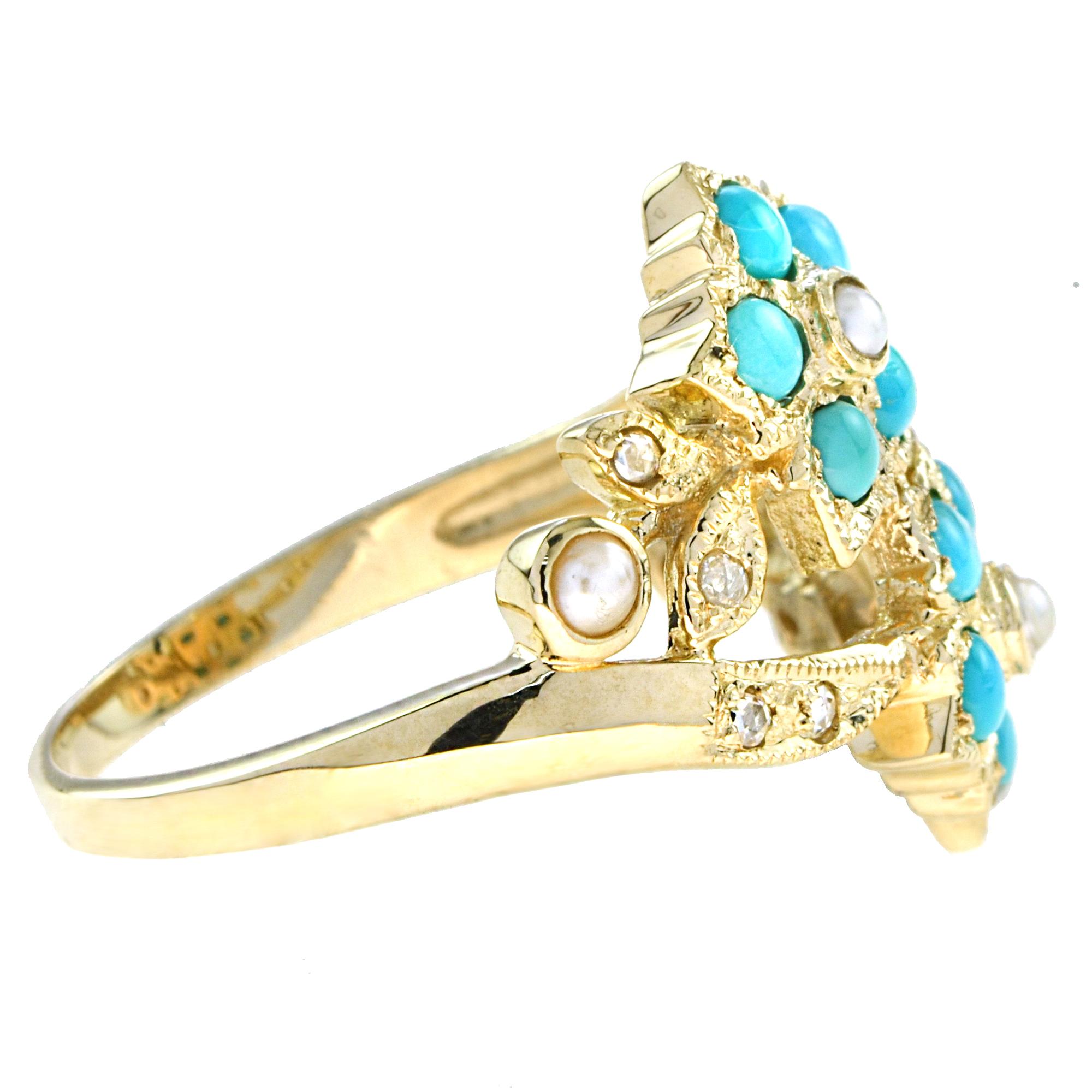 Round Cut 9K Gold Natural Pearl Turquoise and Diamond Vintage Style Floral Cluster Ring For Sale