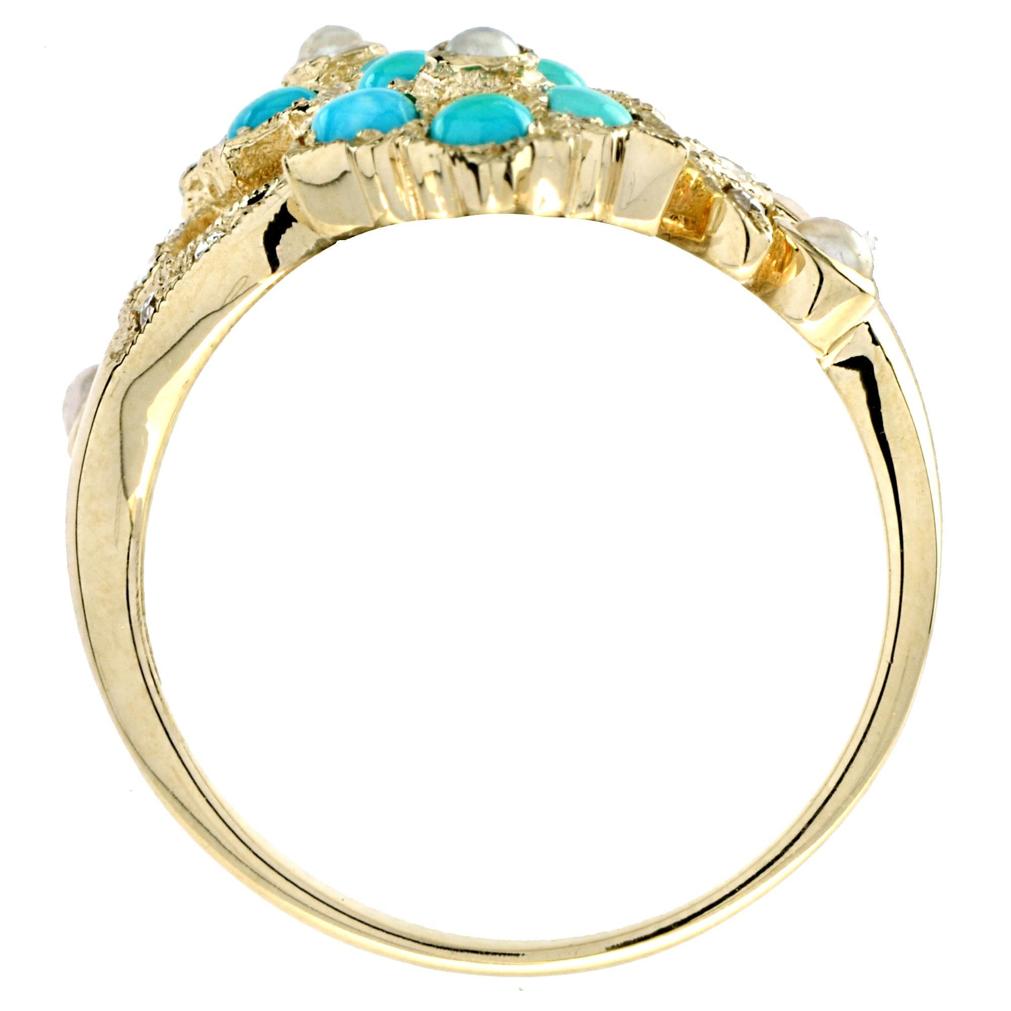 9K Gold Natural Pearl Turquoise and Diamond Vintage Style Floral Cluster Ring In New Condition For Sale In Bangkok, TH