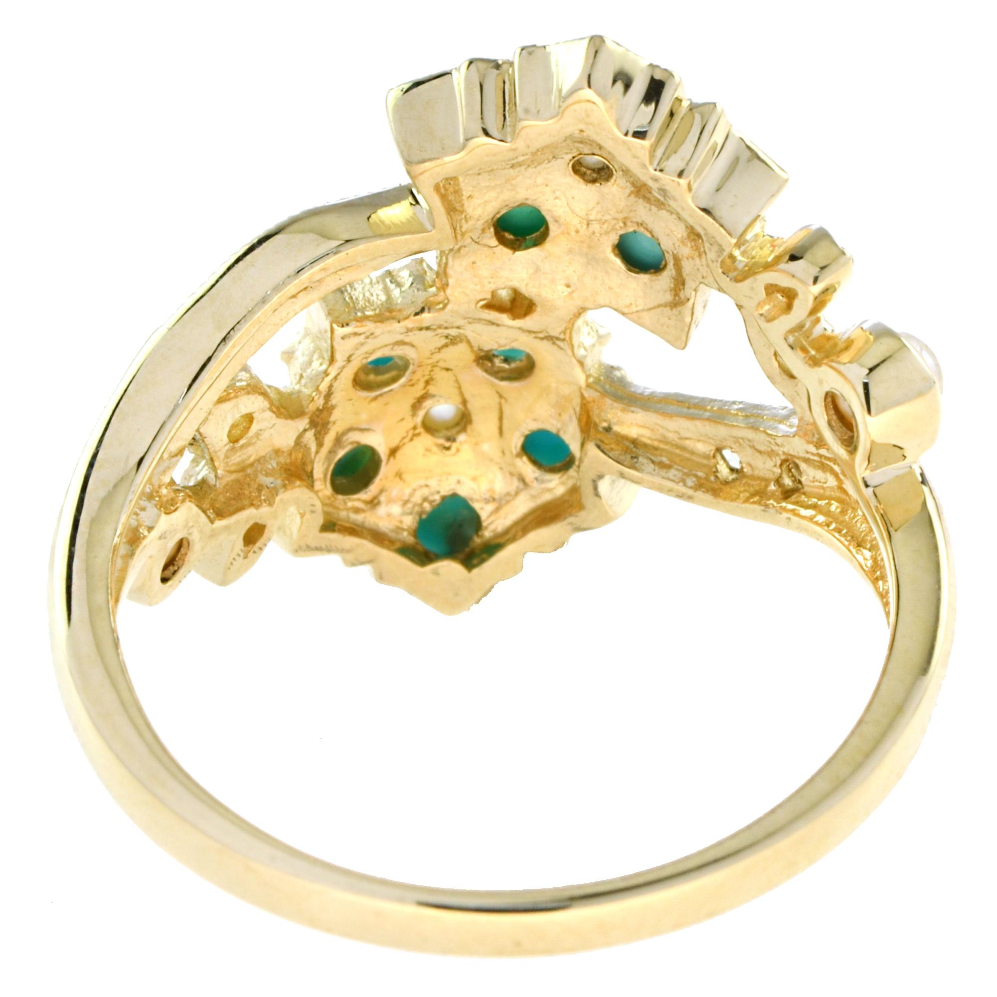 Women's 9K Gold Natural Pearl Turquoise and Diamond Vintage Style Floral Cluster Ring For Sale