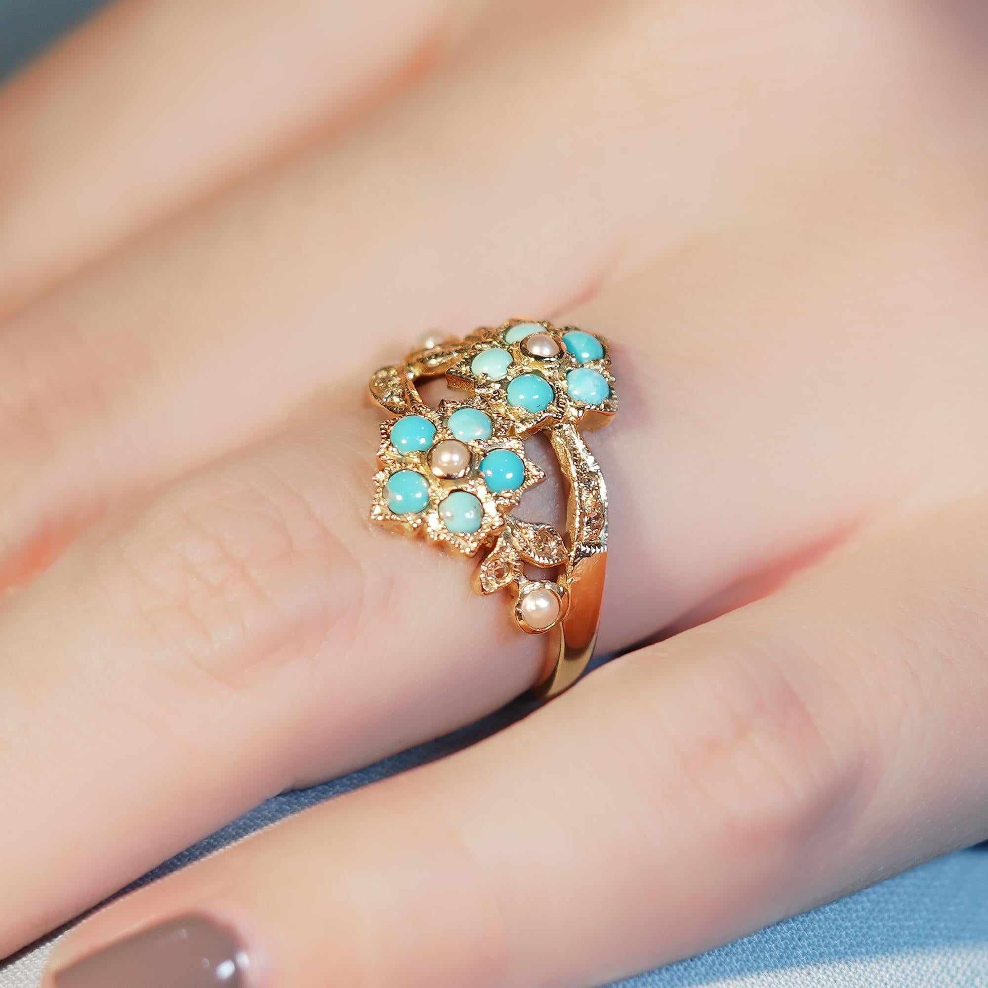 9K Gold Natural Pearl Turquoise and Diamond Vintage Style Floral Cluster Ring For Sale 1