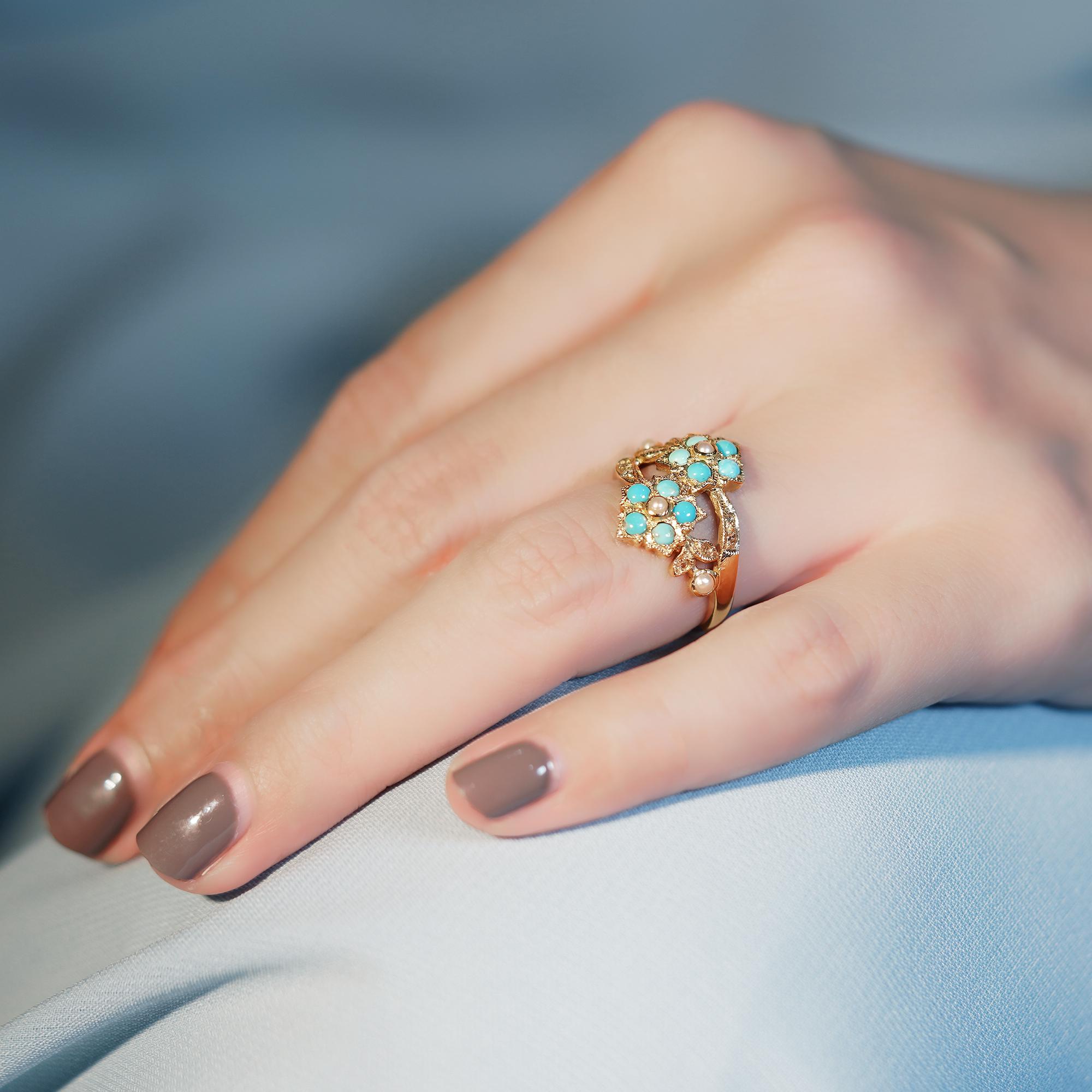 9K Gold Natural Pearl Turquoise and Diamond Vintage Style Floral Cluster Ring For Sale 2