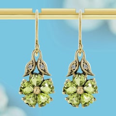 9K Gold Natural Peridot and Diamond Vintage Style Floral Cluster Drop Earrings