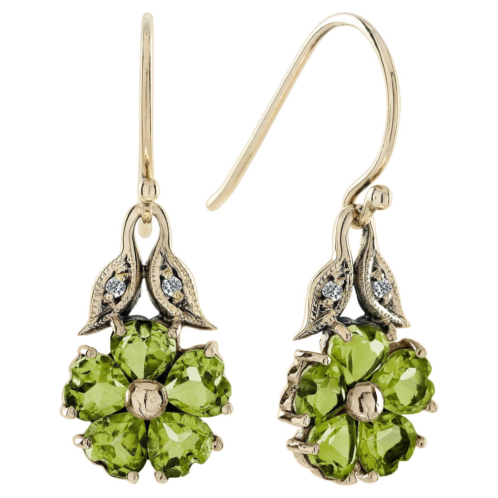 9K Gold Natural Peridot and Diamond Vintage Style Floral Cluster Drop Earrings