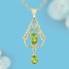 9K Gold Natural Peridot Victorian Style Pendant and Earring Jewelry Set