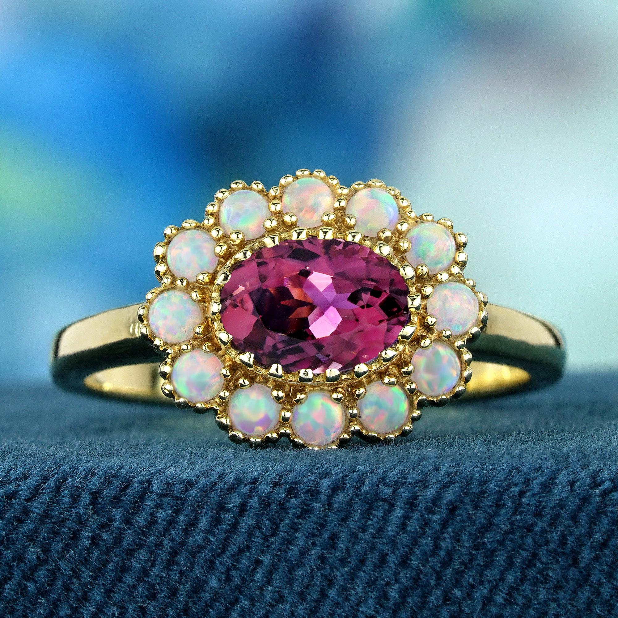L'élégance féminine est au rendez-vous avec la bague Vintage Halo de tourmaline rose et d'opale. Une tourmaline rose ovale rayonnante occupe le devant de la scène, entourée de solitaires opales scintillants qui créent une grappe délicate