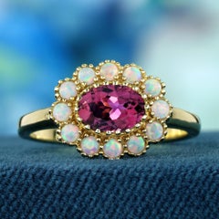 9K Gold Natural Pink Tourmaline and Opal Halo Vintage Style Ring