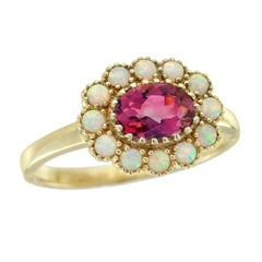 9K Gold Natural Pink Tourmaline and Opal Halo Vintage Style Ring