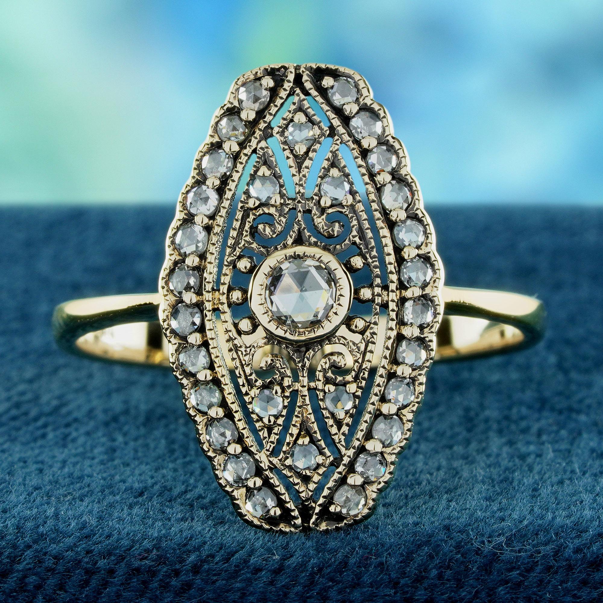 This vintage-style floral ring features natural rose cut diamonds with soft, romantic sparkle. The delicate petals are crafted with intricate detailing for an antique-inspired look. Each diamond is carefully set to enhance its natural charm and
